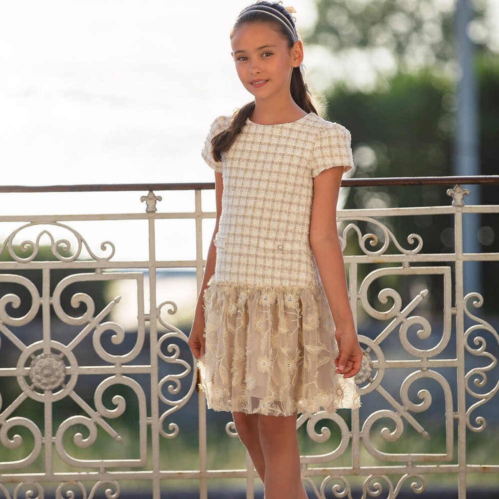 Beautiful beige and gold dress by Patachou.